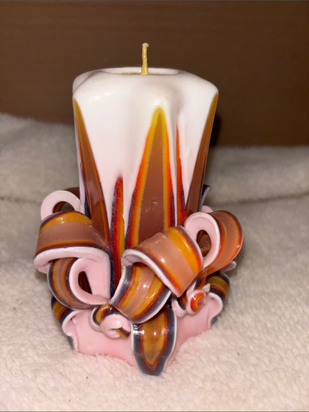 Hand-Carved Pink & Brown Decorative Carved Pillar Candle